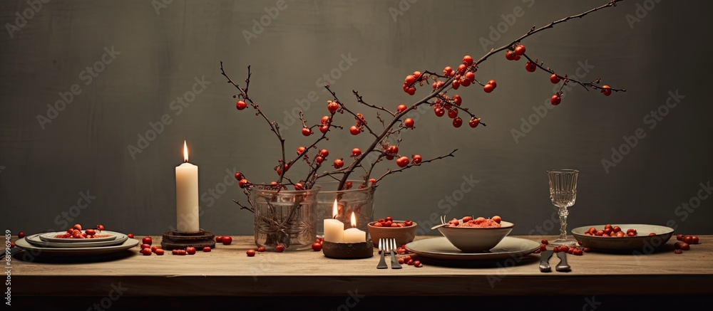 Canvas Prints round table set with rowan branch, crockery, and unused candles.