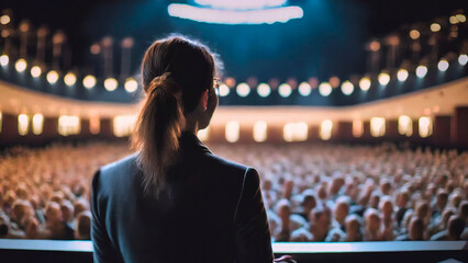 A rear view of a formally dressed woman speaker with hand gesture and standing on the right side of a stage facing the audience in an indoor auditorium  - obrazy, fototapety, plakaty