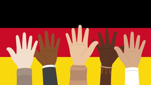 Flat design animation of people raising their hands on the national flag of Germany background.	