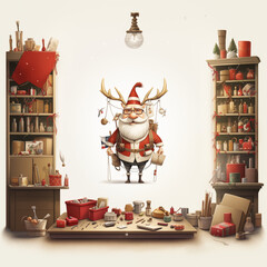 Noël humoristique, caricature du Père Noël avec un bonnet avec des bois de rennes emmêlés de guirlandes du sapin, dans son atelier de fabrication de cadeaux. Fond clair 