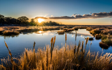 Fototapeta na wymiar Ethereal Elegance, A Majestic Winter Sunrise Blanketing a Frozen Marshland in Golden Hues