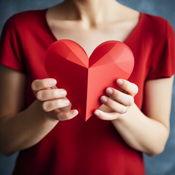 Woman hands holding red paper heart shape for Happiness moment, Health care, donate, Anniversary, Valentine's day, Hope and family insurance concept, World heart day, world health day, Generative AI.