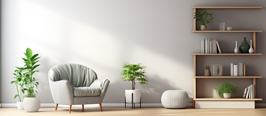 Sitting area with a grey armchair, round rug, plants, bookshelf, and art gallery. - obrazy, fototapety, plakaty