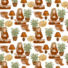 Seamless pattern with cozy home. Hand drawn illustrations woman Sitting on floor with Cup, sleeping cat and potted plant