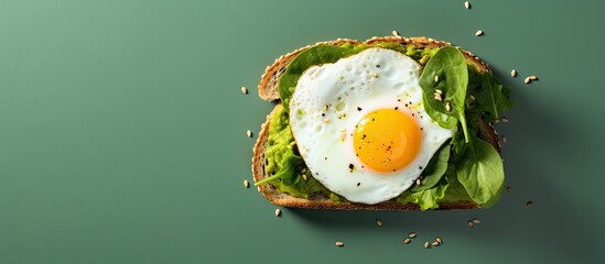 Avocado, spinach, and fried egg on toast, from above. - obrazy, fototapety, plakaty