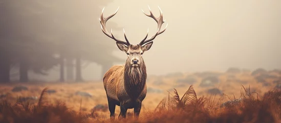 Schilderijen op glas UK red deer stag on a misty morning © AkuAku