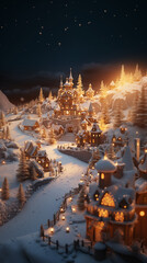 scène de Noël sous la neige. Cottage lumineux éclairé féériquement et enneigé de nuit. Les maisons sont éclairées de l'intérieur