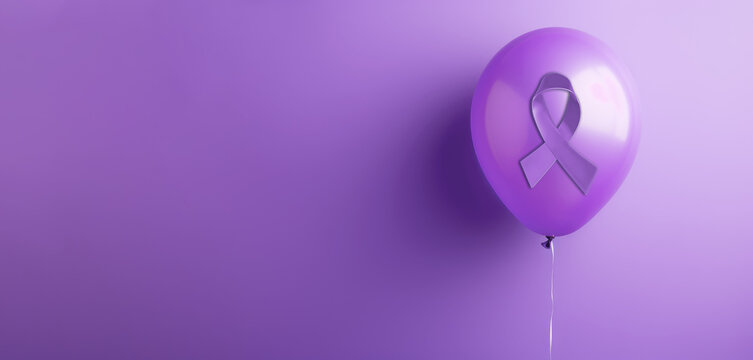 Purple ballon with purple ribbon for World cancer awareness, a Domestic Violence,  Leprosy  awareness