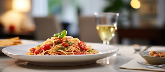 Traditional Italian cuisine served on a wooden table in a modern home living room, featuring white plates with Italian spaghetti, fresh tomato sauce, and a vegan salad.