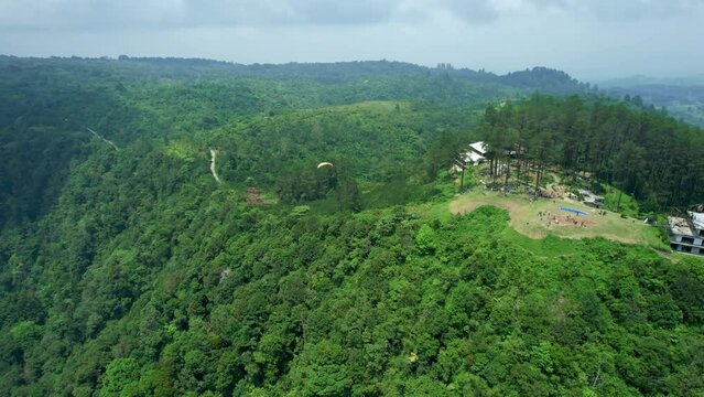 Aerial view of the paragliding attraction at Puncak Lawang, Agam Regency, West Sumatra