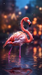 Graceful Pink Flamingo in Water with Colorful Feathers and Reflection