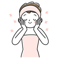 目を閉じて頬に両手をあてる若い女性の上半身