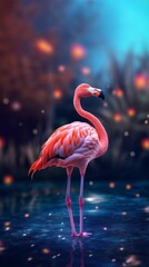 Graceful Pink Flamingo in Water with Colorful Feathers and Reflection