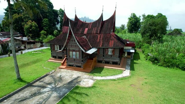 aerial view of the natural atmosphere of West Sumatra with the Minangkabau traditional house (rumah gadang)