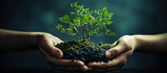 Protecting the environment and promoting renewable energy for a sustainable future, symbolized by hands nurturing plants and trees. - obrazy, fototapety, plakaty