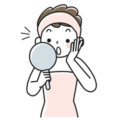 手鏡を見て驚く若い女性の上半身