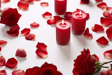 front view of roses with red candles on white background 