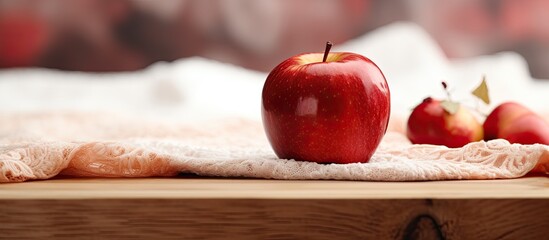 Selective focus on the first bright red apple on a rough wooden tray. Lacy white tablecloth. Close up. - obrazy, fototapety, plakaty