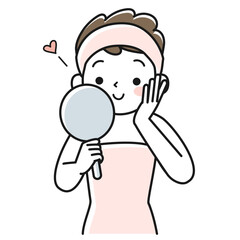 手鏡を見て喜ぶ若い女性の上半身