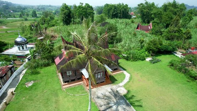aerial view of the natural atmosphere of West Sumatra with the Minangkabau traditional house (rumah gadang)