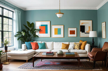 Massive white couch in front of a blue wall, with colorful pillows and abstract art