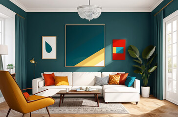 Yellow chair in the foreground of a modern living room filled with primary colors