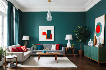 modern abstract art hanging on the blue wall of a living room with mismatched love seats