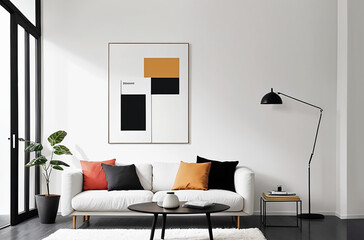White-walled modern living room den with a small white couch and modern industrial lamps and decor - obrazy, fototapety, plakaty