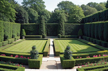 Clean, fancy garden with green grass and small topiaries, surrounded by a neat hedge
