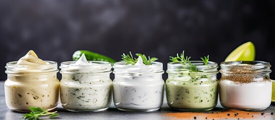 Assorted small jars of homemade ranch dressing with avocado, herbs, and hot pepper. - obrazy, fototapety, plakaty