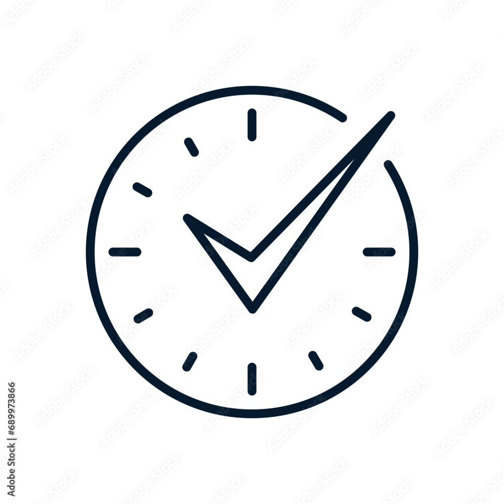 Aufkleber check mark and clock. concept of fast reaction, task completion. vector linear icon isolated on whit