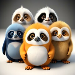 furry character, part sloth, part panda and part penguin, big eyes, cute, mascot