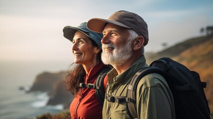 Elderly couple hiking exploring in the breathtaking Pacific coast, Generative AI. - obrazy, fototapety, plakaty