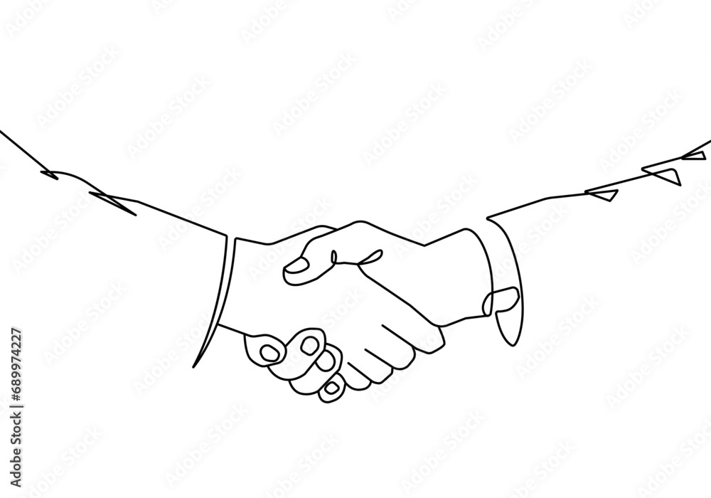 Poster handshake continuous one line drawing. business partnership concept in linear minimal style. hands d