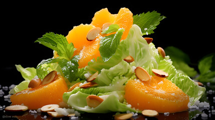 Napa cabbage, mandarin oranges, almonds, and sesame ginger dressing. photo for the restaurant menu, macro photo