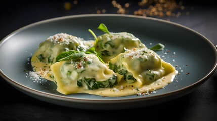 Ricotta and spinach-filled ravioli in a sage-infused butter sauce.,photo for the restaurant menu, macro photo