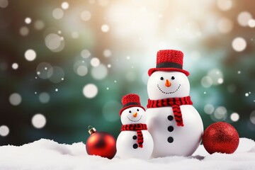 Obraz premium Christmas card design with snowman and fir tree with red Christmas balls, copy space with generative ai