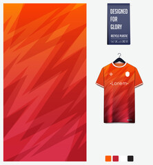 Soccer jersey pattern design. Geometric pattern on orange background for soccer kit, football kit, sports uniform. T shirt mockup template. Fabric pattern. Abstract background. 