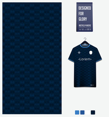 Soccer jersey pattern design. Geometric pattern on blue background for soccer kit, football kit, sports uniform. T shirt mockup template. Fabric pattern. Abstract background. 