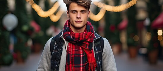 Christmas-themed shirt model wearing a white t-shirt with a buffalo plaid scarf, boots, and jeans.