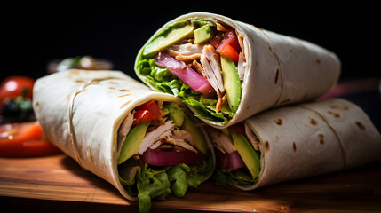 Sliced turkey, avocado, lettuce, tomato, and chipotle mayo in a wrap. photo for the restaurant...