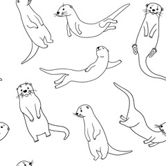 Cute otters in different actions, vector outline illustrations isolated on white background. Otters swimming and standing.