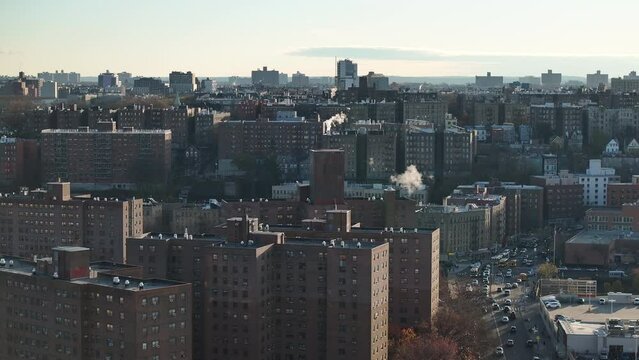 Aerial view of apartment buildings in The Bronx. Shot on an autumn morning in 4k.