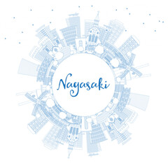 Outline Nagasaki Japan City Skyline with Blue Buildings and Copy Space. Nagasaki Cityscape with Landmarks. Business Travel and Tourism Concept with Historic Architecture.