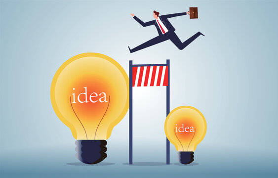 etting bigger ideas or greater ideas, greater creativity, corporate transformation or business innovation, big ideas to solve business problems, businessmen jumping from small light bulb hurdles to la