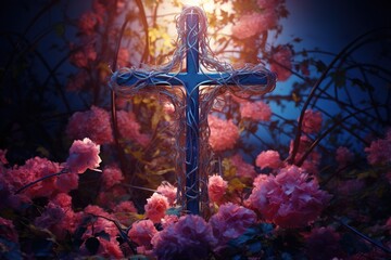 Cross of Jesus Christ with colorful flowers in a cemetery