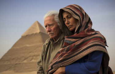 Contemplative Moments: Senior Couple Wrapped in Reflection at Giza