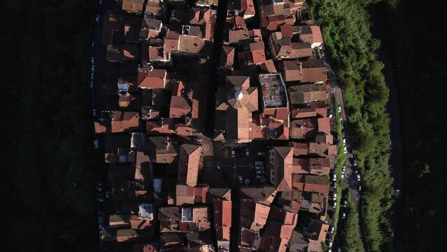 Top-down aerial rising Salsamenteria church, Zagarolo town, Italy