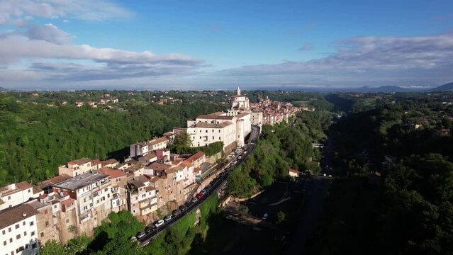 Aerial beautiful 5th-century town on a narrow ridge, Zagarolo, Italy