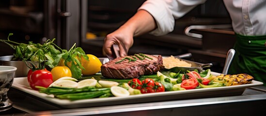 In the busy restaurant kitchen, the skilled chef skillfully prepares a healthy and delicious meal, grilling a succulent organic steak marinated in a garlic-infused oil, served with a side of vibrant